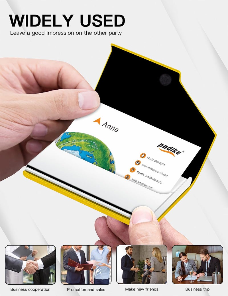 Padike Business Card Holder, Upgraded Leather Business Card Case Pocket Card Holders for Men or Women, Metal Slim Name Card Holder RFID Blocking Business Card Carrier with Magnetic Closure (Y-YE) - Image 5